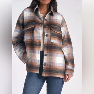 Elan Oversized Plaid Flannel Button-Up Shacket size S